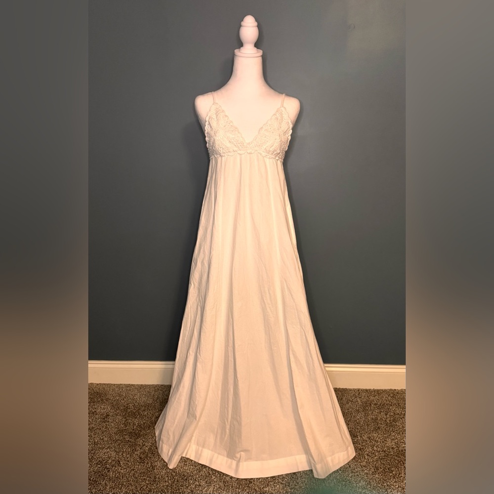 Free People White Boho Maxi Dress Crochet Top Gold Beaded Tassels Small